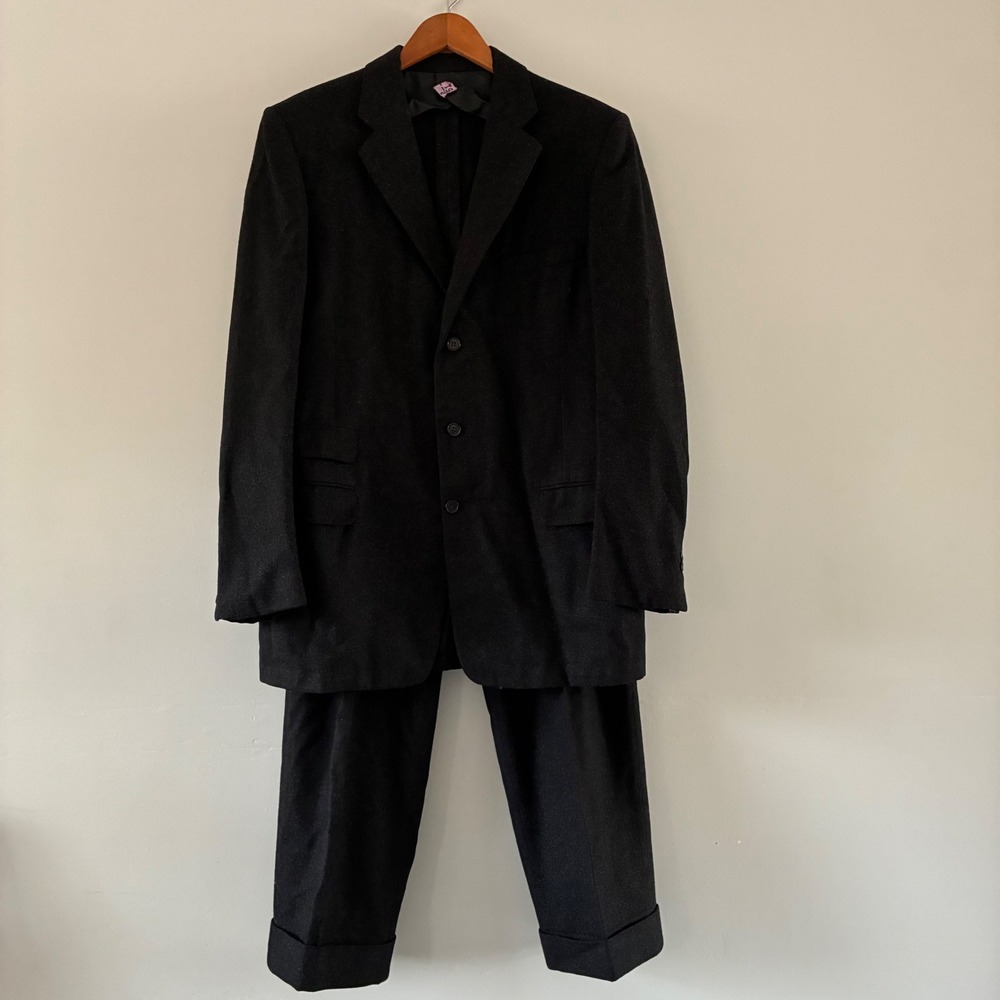 Vtg Suit Set Mens Charcoal Gray Wool 3-Button Blazer Pleated Cuffed Pants MCM